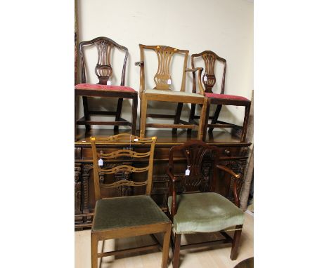 Six various chairs, comprising a George III mahogany armchair, a Chippendale style ladder back chair, a pair of George III ma