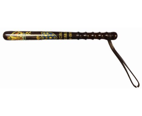 A Presentation painted wood truncheon, painted in polychrome with Crown above G.R Cypher, Stockport Borough Coat of Arms, SPE