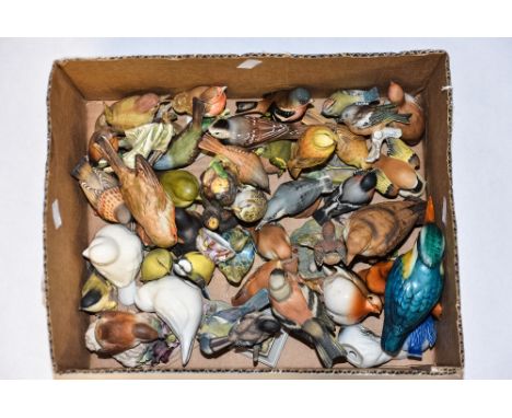 A box of assorted ceramic birds, including Gobel, Crown Staffordshire, Royal Worcester, Crown Derby etc