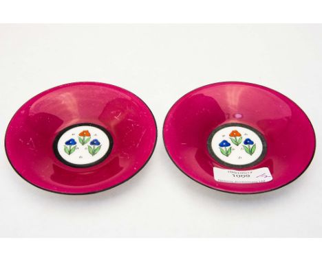 A pair of Royal Worcester pin dishes, enamelled with flowers, pink border, no. 1620, date code 1920 