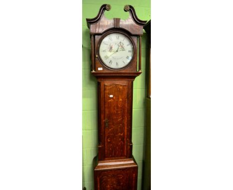 An oak thirty hour longcase clock with painted circular dial later inscribed B. Downes, Mansfield, later movement