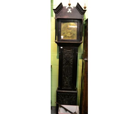 An oak ebonised carved eight day longcase clock, square brass dial later inscribed George Womersley, later movement 