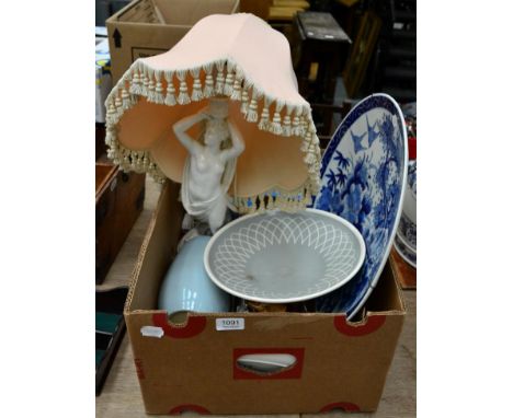 A Japanese blue and white charger; a Spode blanc-de-chine figural lamp; various other ceramics and collectables (one box)