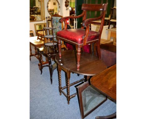 Group of furniture comprising a 19th century mahogany open armchair; an oak drop-leaf table; mahogany occasional table; cake 