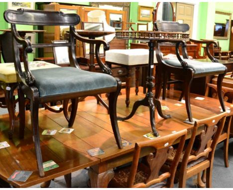 A mahogany tripod table with circular gallery top and a pair of mahogany armchairs, 19th century and later 