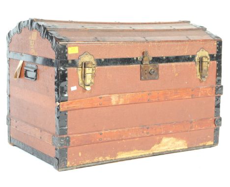 A Victorian 19th century leather travel railway chest suitcase trunk. Of rectangular form with dome top and leather bound sid