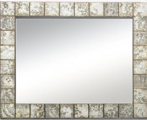 A large contemporary designer wall hanging mirror having a mosaic iridescent glass tiled frame and central mirror panel. Meas