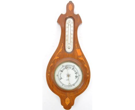 Early 20th century Edwardian mahogany inlaid aneroid wall barometer. Of small proportion, with a tapering body and inlaid fol