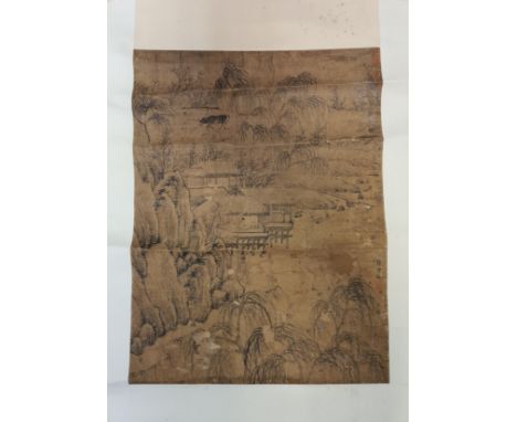 A Chinese painting, perhaps late Ming/Qing Dynasty, painted with scholars in a pavilion by a lake with trees and a boy with w