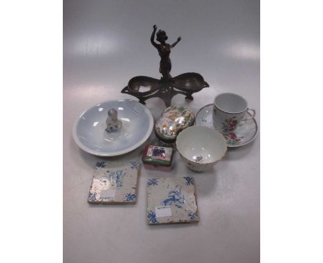 A continental porcelain cup and saucer circa 1780, a Barr Worcester teabowl circa 1790, a faience box and cover 19th century,