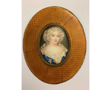 Portrait miniature of Mme de Sevigne (1626-1696) wearing a blue dress, her hair in ringlets, 6 x 4.5cm; Mme de Montespan (164