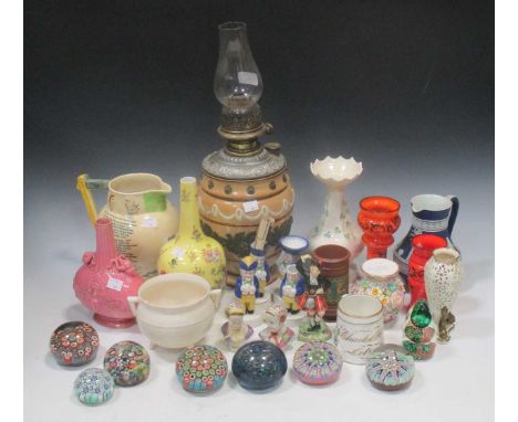 A Doulton Lambeth stoneware oil lamp, a Beleek vase, a Graingers Worcester reticulated vase, A Crown Devon Widdicombe Fair ju