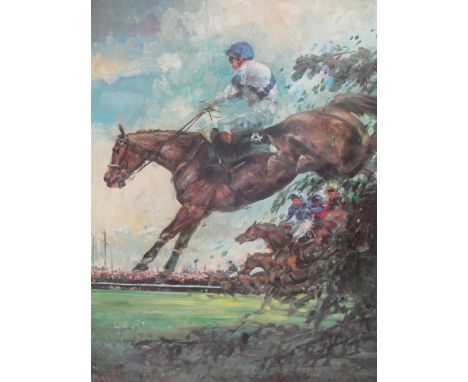 Bob Champion on Aldaniti winning the 1981 Grand National at Aintree, signed by the artist in pencil lower right and by the jo