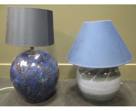 A large blue glazed studio pottery lamp and another, a Doulton Lambeth jardinière and a Denby vase (4)