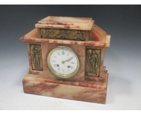 A late Victorian French mantle clock with inset classical gilt metal plaques, 27 x 30 x 12.5cm