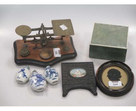 A shagreen cigarette box, with label 'No.2 Detachment Edinburgh'; a silhouette miniature of Jacobus de Barlow (1720-1790); br