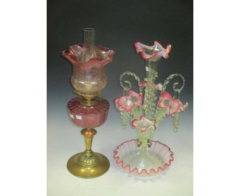 A good Victorian glass epergne and a Cranberry glass and brass oil lamp (2)