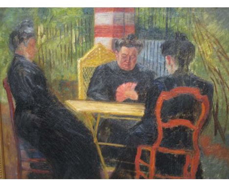 French School, Three women playing cards, unsigned, probably second quarter 20th century, oil on canvas, 45 x 54cm