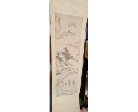 A Chinese scroll painting, 19th/20th century, painted with figures planting rice in paddy fields, eight red seals, ink and co