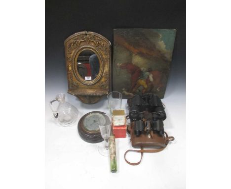 A gilt wood wall bracket with mirror, a small Mappin &amp; Webb barometer, two cased binoculars and a 19th century oil on boa