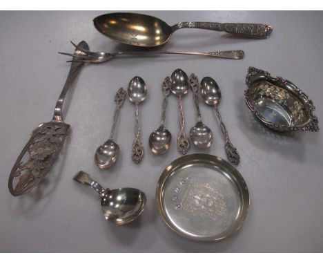 Various sterling silver teaspoons, a caddy spoon, pair servers, bonbon dish, etc., 9.8ozt