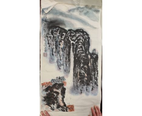Follower of Qian Songyan: A Chinese scroll painting, of a deep gorge with a pavilion overlooking a waterfall, colours on pape