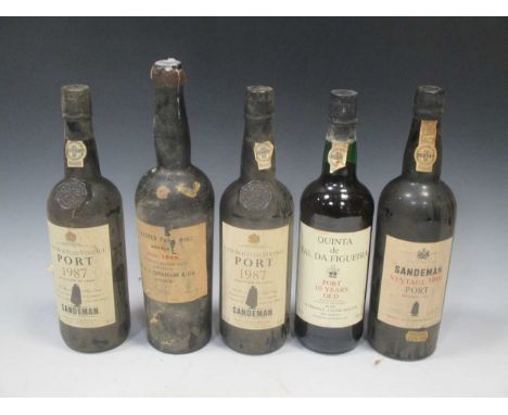 Sandeman 1966 vintage port (level very top shoulder), Grahams 1949 Crusted port (level around top of label); 2 others - Sande