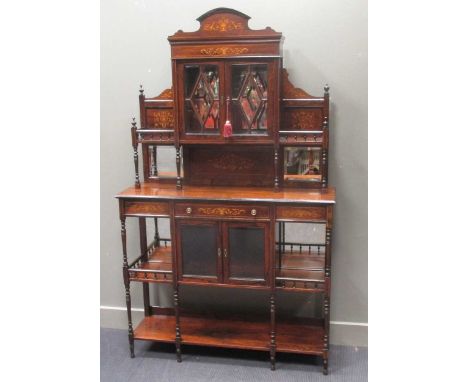 A Victorian inlaid rosewood four door bevel edge glazed mirror back cabinet with key 202 x 123 x 37cm