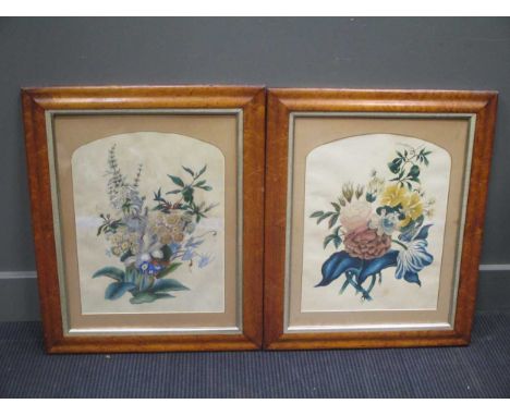 A pair of Victorian still lives of flowers, a Victorian wool work picture, a print of a leopard, an oval wool work picture an
