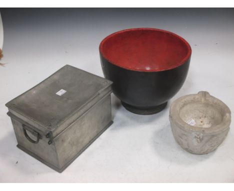 A Burmese red and black lacquered bowl, 19cm high: a Chinese (Swatow) zinc two-division tea caddy c1890 and a Roman style spo