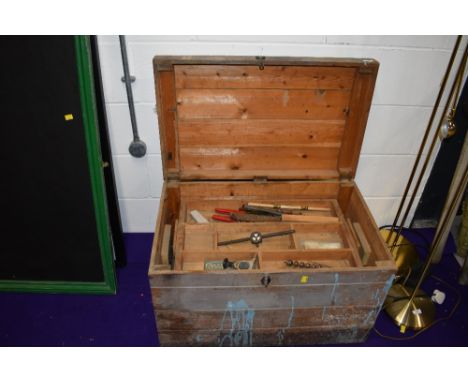 A vintage wooden box, and collection of tools