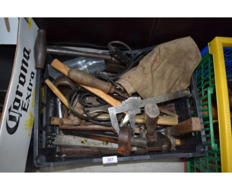 A crate of vintage and later tools