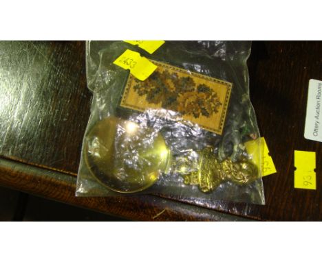 19th century Tunbridge ware box, brass commemorative caddy spoon and lead racing horse figure
