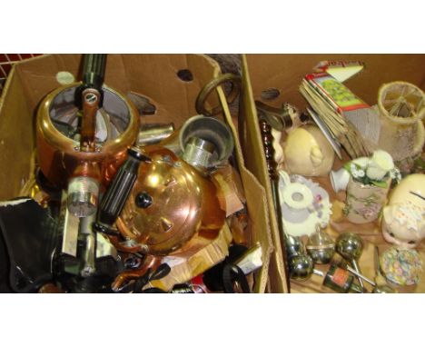 2 x boxes of oddments including 2 x copper kettles, Minolta Dynax 3000 i camera, cribbage board, truncheon, badger pelt etc.