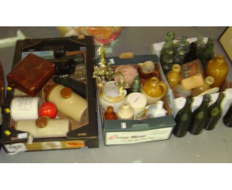 3 x boxes of stoneware bottles and jars, rolls razor, chess set etc. some advertising