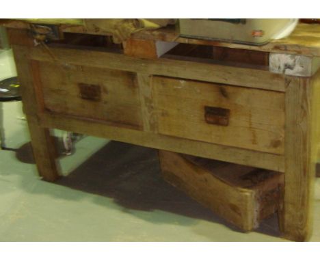 Antique pine butchers block stand with two drawers converted to a carpenters work bench