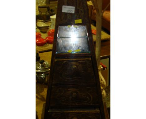 Carved Indonesian specimen drawers of pyramid shape & paraffin lamp