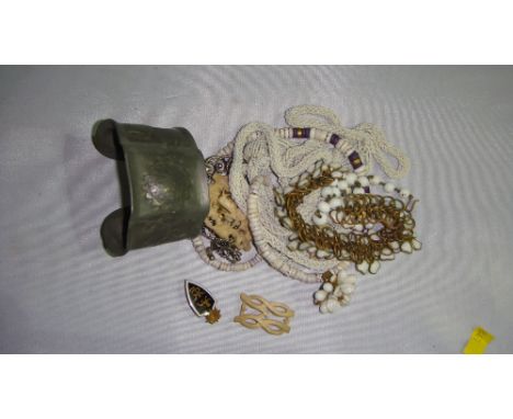 Bag of assorted beaded costume jewellery & pewter bangle