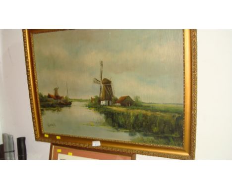 Vintage signed oil on Canvas Dutch canal and windmill scene, watercolour of stream & print