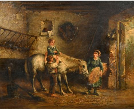 19th Century Continental School, her first ride, a young child on a horse in stables, oil on canvas, indistinctly signed, 21.
