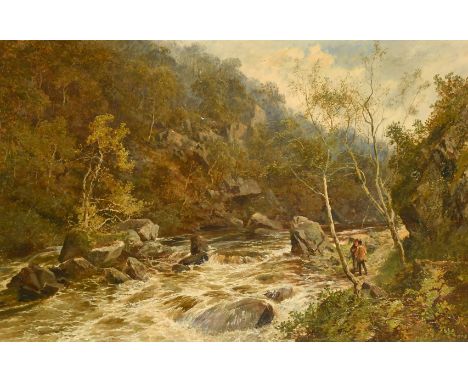 Pike, English School, Circa 1884, anglers conversing by a boulder-strewn river, oil on canvas, signed and dated, 24" x 37" (6