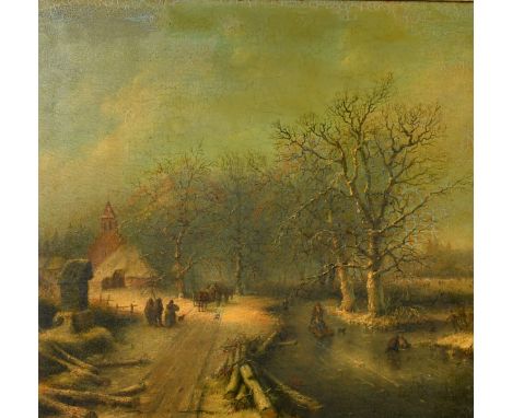 19th Century Dutch School, figures playing on a frozen waterway at dusk, oil on panel, 16" x 17" (41 x 43cm).