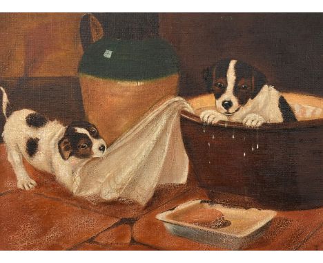 Early 20th Century English School, terriers playing, oil on canvas, signed with initials, 12" x 16.5" (30 x 42cm).