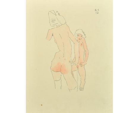 A Pencil and watercolour study of a female nude, possibly a self-portrait, signed with initials E. S. 14.5" x 11.5" (37 x 29c