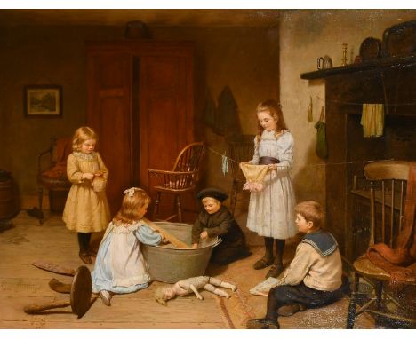 Harry Brooker (1848-1940), children playing around a bathtub in a cottage interior, oil on canvas, signed and dated 1900, 28"