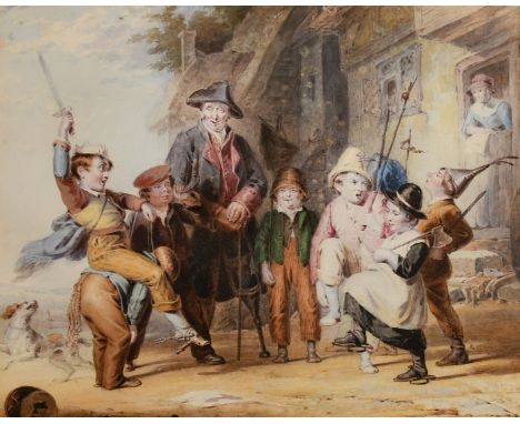 Robert Farrier (1796-1879), 'Playing Soldiers', watercolour, signed with initials, 9" x 11.75" (23 x 29.5cm).