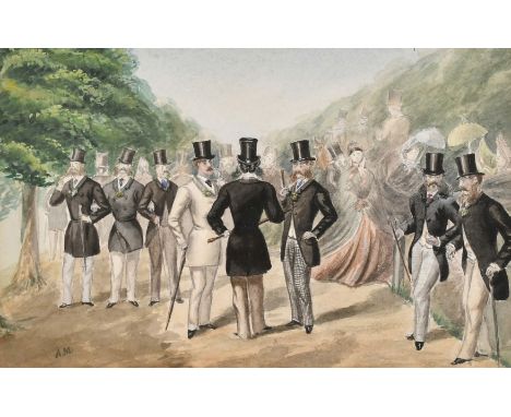 A. M. 19/20th Century, A gathering of predominantly gentlemen conversing in a park, watercolour, initialled, 4.75" x 7.5", (1
