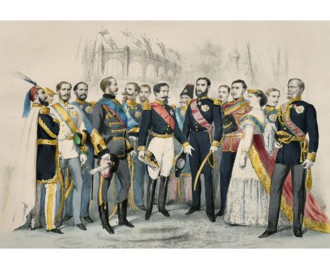 After Vernier, A 19th Century hand coloured lithograph of Napoleon III and his entourage at an International exhibition, 10.5