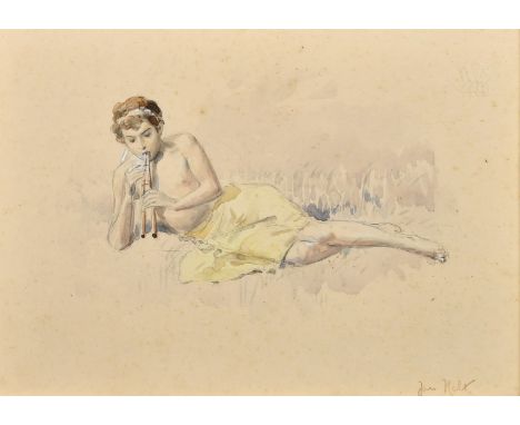 French School, Circa 1900, a recumbent male youth playing a flute, watercolour, indistinctly signed, 6.25" x 9" (16 x 23cm).