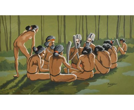 R. Wakelin, A group of seated Aboriginal Australians, watercolour and gouache, signed, 11" x 18.75", (28x47.5cm)